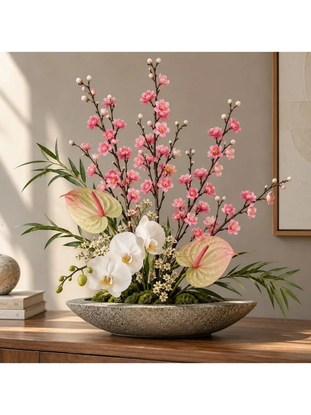 Pink Artificial Cherry Blossom Stems Set of 5, 22 Inch Faux Floral Branches, Spr